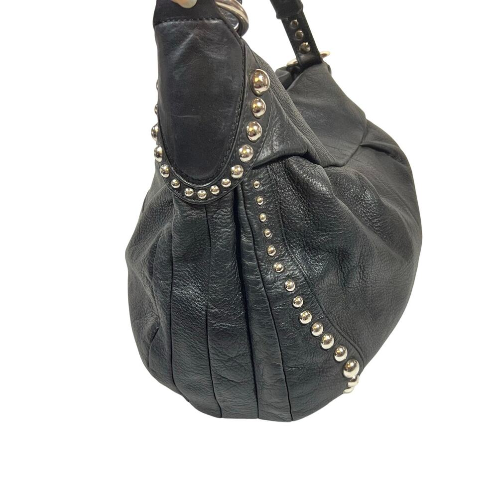 B. Makowsky Hobo Bag Purse Black Pebbled Leather Silver Studded Leopard Lining - Picture 2 of 11